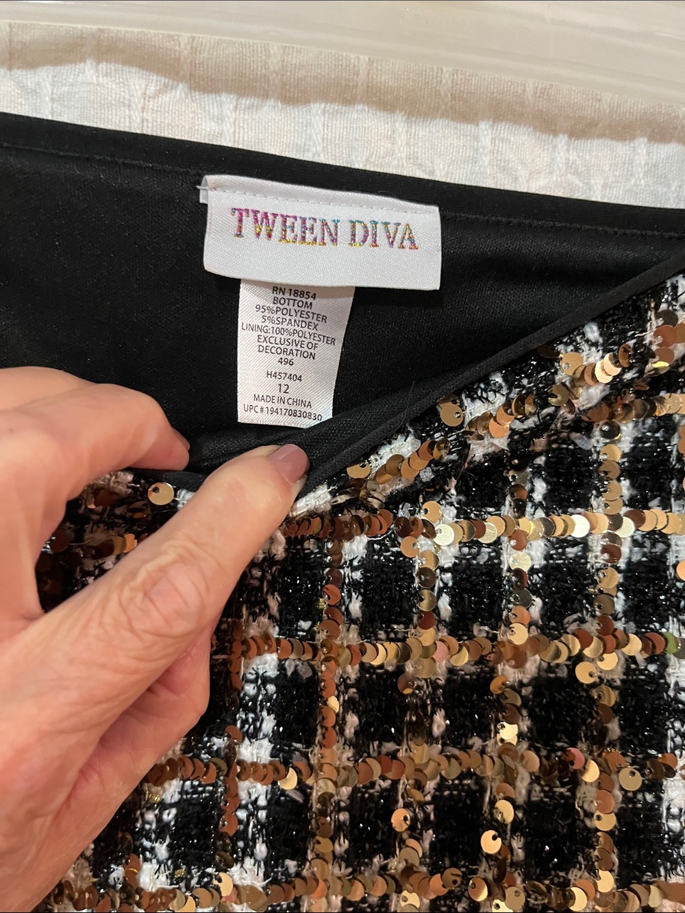 TWEEN DIVA MINI SKIRT/Gold Sequins Over Black White Plaid/ Girls 12/Women SM XSM - Picture 5 of 9